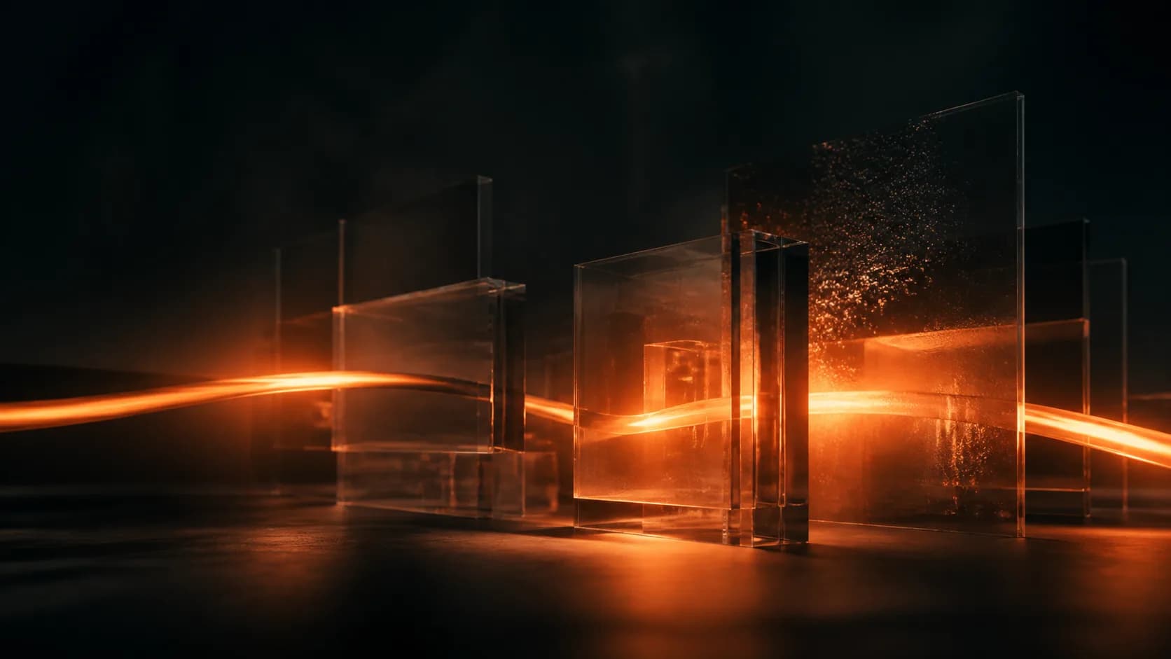A modular black-glass architecture crossed by orange light