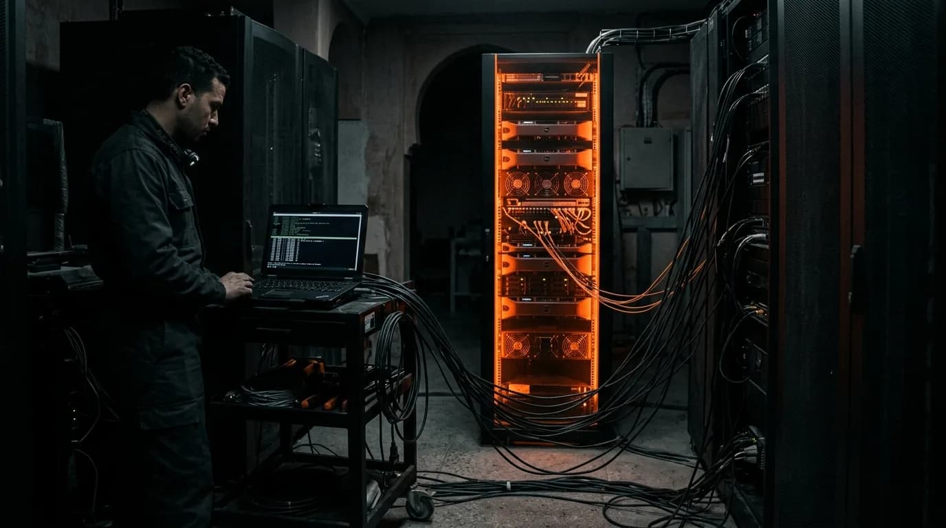 A dark server room aisle where one rack glows warm orange, a laptop on a cart showing a terminal interface