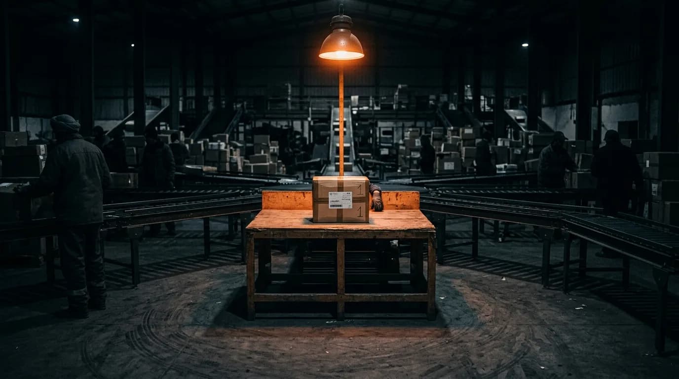 A parcel under a warm light on a central sorting table, conveyor paths radiating into darkness