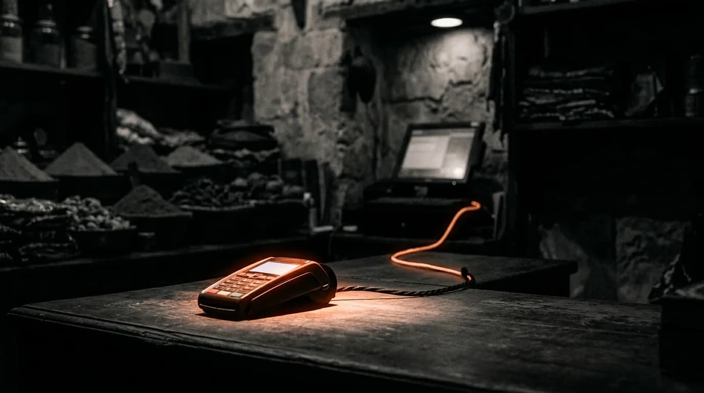 A payment terminal on a shop counter, linked by a glowing cable to a register screen in the dark