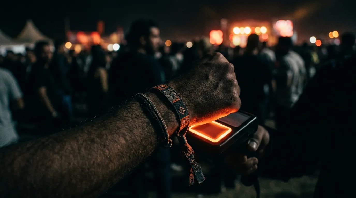 A wrist wearing a fabric festival wristband tapping a glowing reader in a dark crowd
