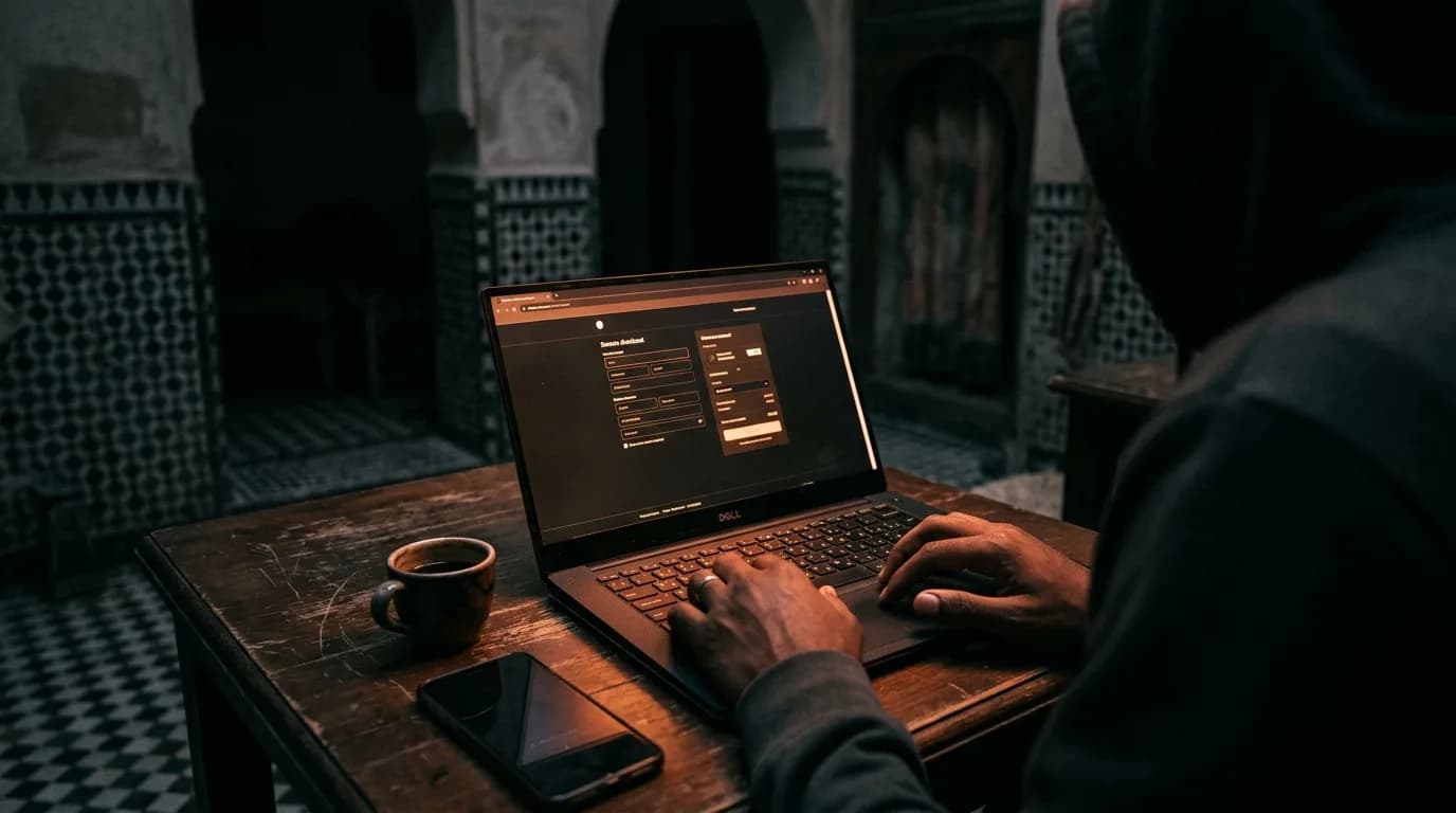 Over-the-shoulder view of hands completing an online card payment on a laptop at night