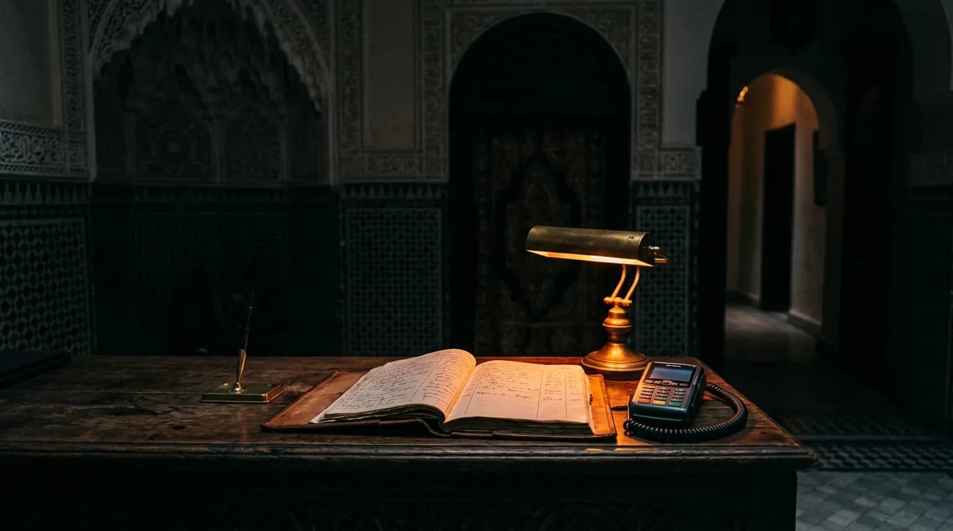 A riad reception desk at night, an open ledger beside a payment terminal under a brass lamp